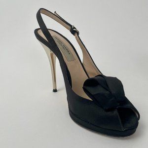 Gianni Marra Black Satin Slingback Peeptoe Stiletto Shoes Heels, Size 7 (EU 37)